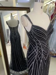 Wholesale black with silver beading chain sleeveless deep V zipper up back tulle mermaid prom evening dresses