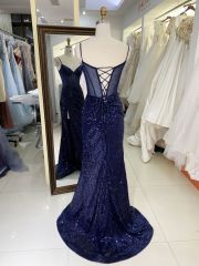 Wholesale see through corset navy blue sleeveless sequin hand pleated mermaid prom evening dresses