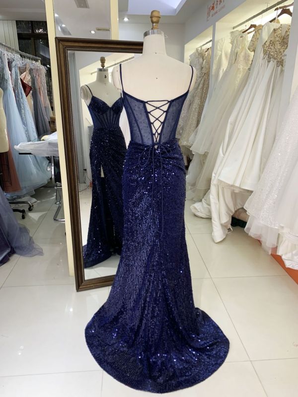 Wholesale see through corset navy blue sleeveless sequin hand pleated mermaid prom evening dresses