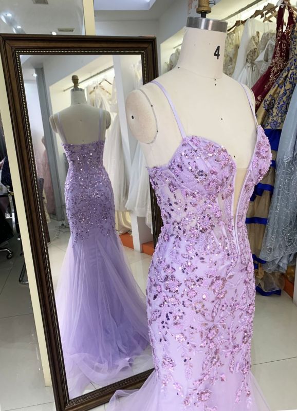 See through corset emerald lilac sleeveless deep V sequin beading tulle mermaid prom evening dresses