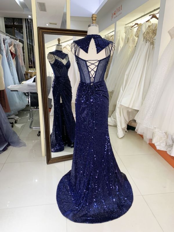 Wholesale see through corset navy blue sleeveless sequin hand pleated mermaid prom evening dresses