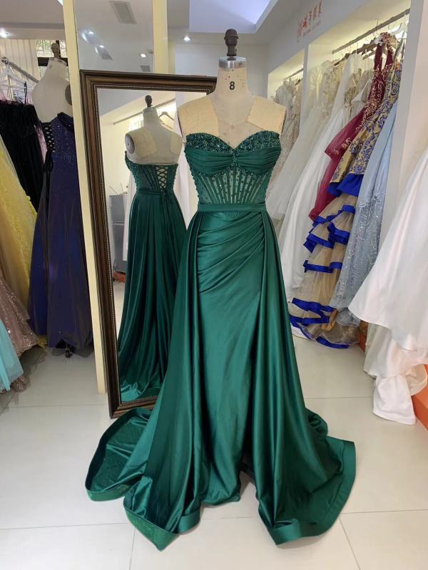 See through corset emerald green sleeveless beading hand pleated mermaid prom evening dresses with overskirt