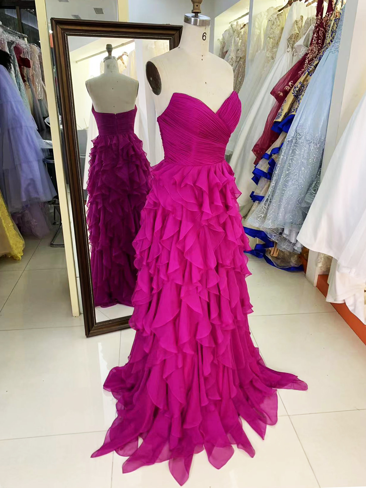 Wholesale fuchsia sleeveless sweetheart hand pleated tulle A line zipper up back ruffle prom evening dresses