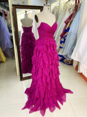 Wholesale fuchsia sleeveless sweetheart hand pleated tulle A line zipper up back ruffle prom evening dresses