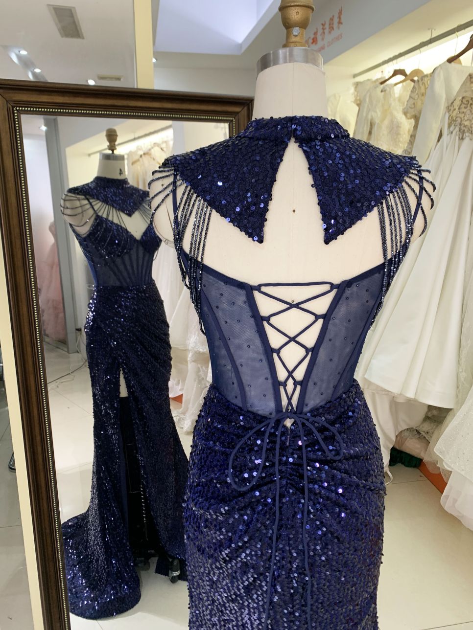 Wholesale see through corset navy blue sleeveless sequin hand pleated mermaid prom evening dresses