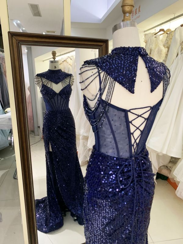 Wholesale see through corset navy blue sleeveless sequin hand pleated mermaid prom evening dresses