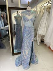 Wholesale see through corset navy blue sleeveless sequin hand pleated mermaid prom evening dresses