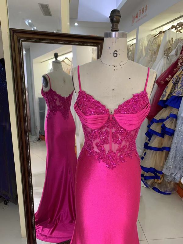 Wholesale embroidery corset Fuchsia sleeveless hand pleated satin mermaid prom evening dresses