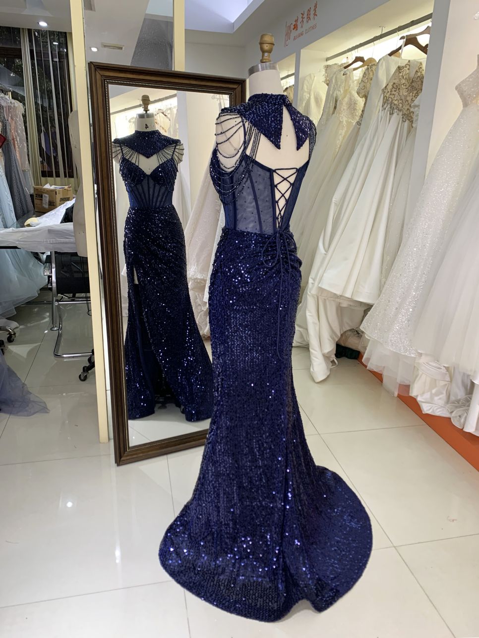 Wholesale see through corset navy blue sleeveless sequin hand pleated mermaid prom evening dresses