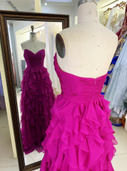 Wholesale fuchsia sleeveless sweetheart hand pleated tulle A line zipper up back ruffle prom evening dresses