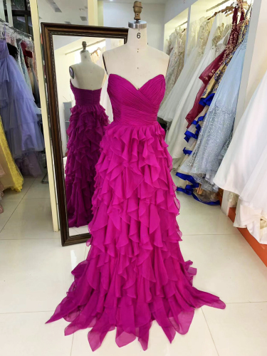 Wholesale fuchsia sleeveless sweetheart hand pleated tulle A line zipper up back ruffle prom evening dresses