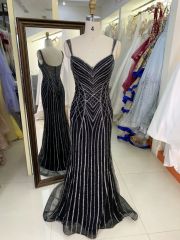 Wholesale black with silver beading chain sleeveless deep V zipper up back tulle mermaid prom evening dresses