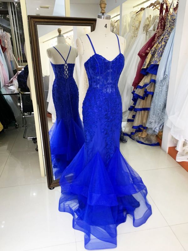 New embroidery flower boning royal blue elegant wholesale long gowns evening prom dress 2025