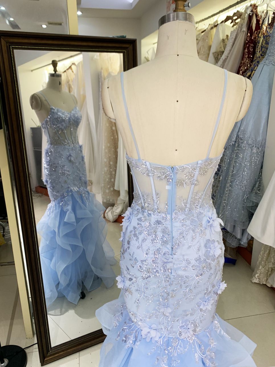 New 3D flowers boning wholesale long gowns ruffle skirt evening prom dress 2025 for girl on sale