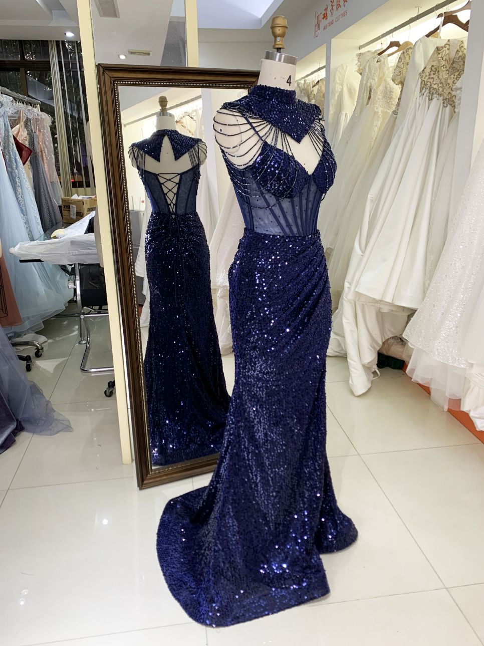 Wholesale see through corset navy blue sleeveless sequin hand pleated mermaid prom evening dresses