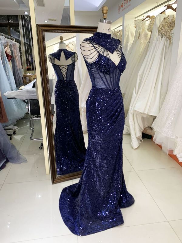 Wholesale see through corset navy blue sleeveless sequin hand pleated mermaid prom evening dresses