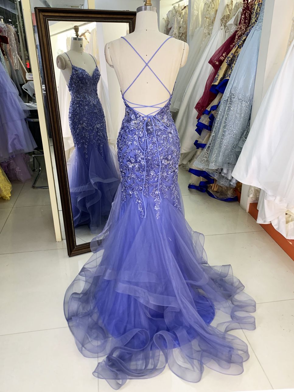 Wholesale see through corset dusty blue embroidery sleeveless mermaid prom evening dresses