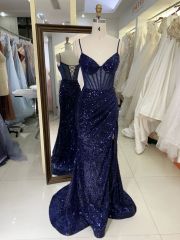 Wholesale see through corset navy blue sleeveless sequin hand pleated mermaid prom evening dresses