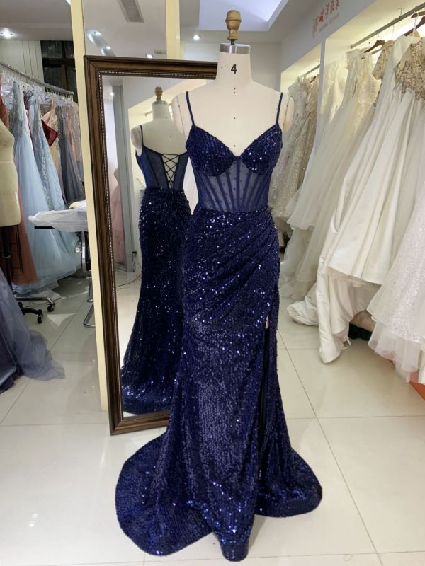 Wholesale see through corset navy blue sleeveless sequin hand pleated mermaid prom evening dresses