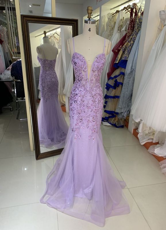 See through corset emerald lilac sleeveless deep V sequin beading tulle mermaid prom evening dresses