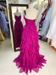 Wholesale fuchsia sleeveless sweetheart hand pleated tulle A line zipper up back ruffle prom evening dresses