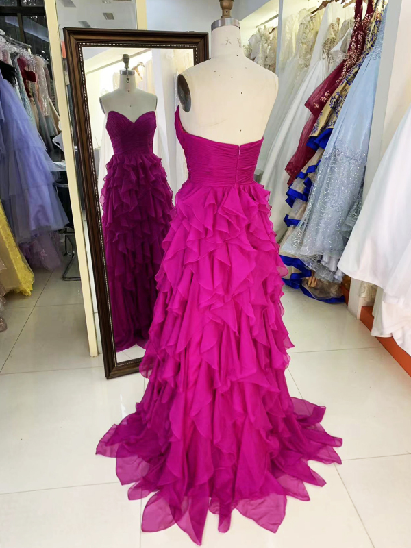 Wholesale fuchsia sleeveless sweetheart hand pleated tulle A line zipper up back ruffle prom evening dresses