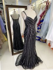 Wholesale black with silver beading chain sleeveless deep V zipper up back tulle mermaid prom evening dresses