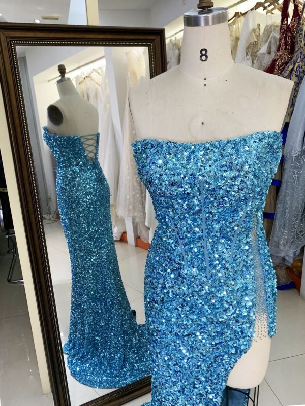 New sequin boning wholesale high slit long gowns evening dresses for prom night 2025