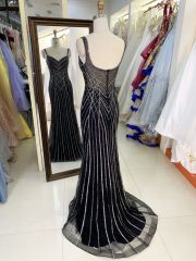 Wholesale black with silver beading chain sleeveless deep V zipper up back tulle mermaid prom evening dresses