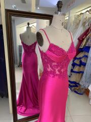 Wholesale embroidery corset Fuchsia sleeveless hand pleated satin mermaid prom evening dresses