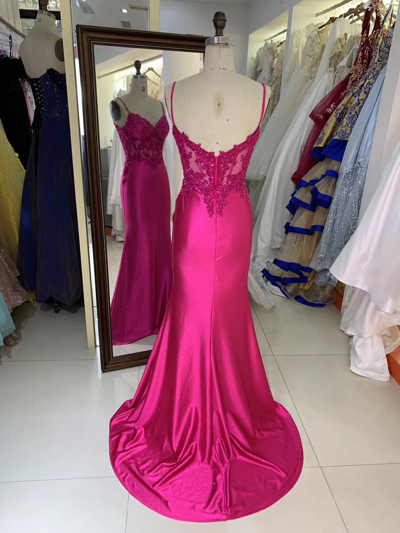 Wholesale embroidery corset Fuchsia sleeveless hand pleated satin mermaid prom evening dresses