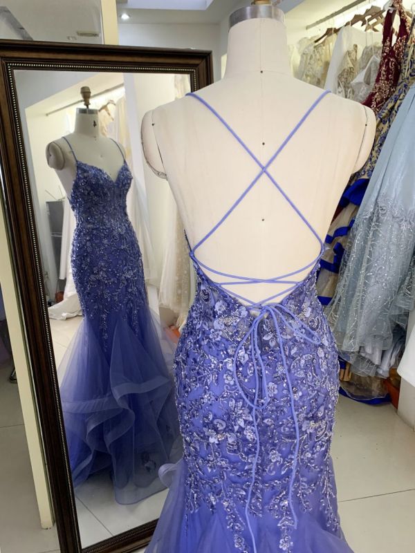 Wholesale see through corset dusty blue embroidery sleeveless mermaid prom evening dresses
