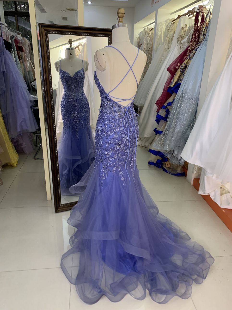 Wholesale see through corset dusty blue embroidery sleeveless mermaid prom evening dresses