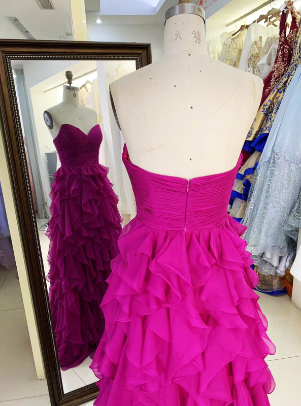 Wholesale fuchsia sleeveless sweetheart hand pleated tulle A line zipper up back ruffle prom evening dresses