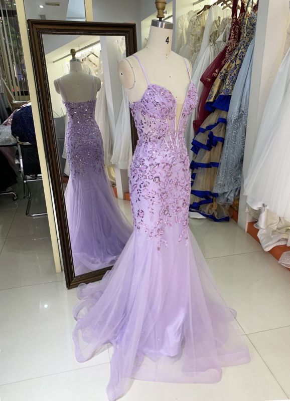 See through corset emerald lilac sleeveless deep V sequin beading tulle mermaid prom evening dresses