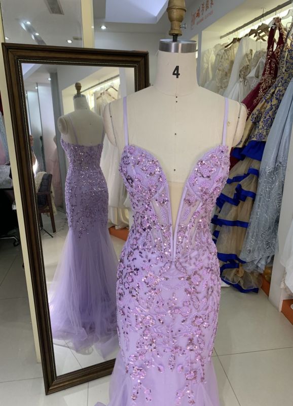 See through corset emerald lilac sleeveless deep V sequin beading tulle mermaid prom evening dresses