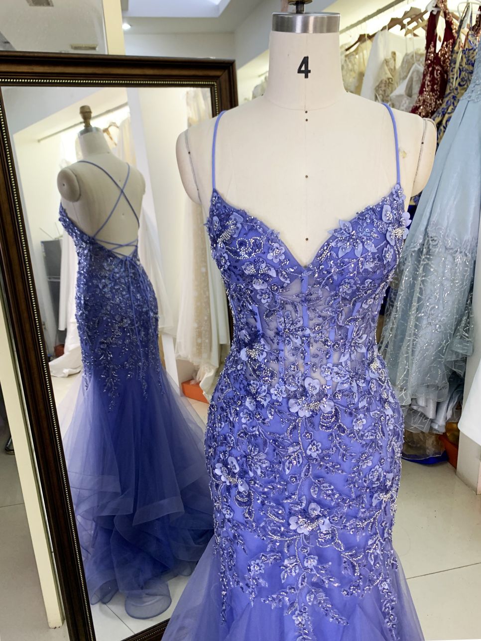 Wholesale see through corset dusty blue embroidery sleeveless mermaid prom evening dresses