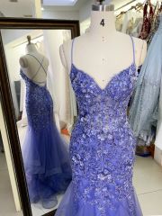 Wholesale see through corset dusty blue embroidery sleeveless mermaid prom evening dresses