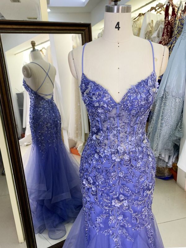 Wholesale see through corset dusty blue embroidery sleeveless mermaid prom evening dresses