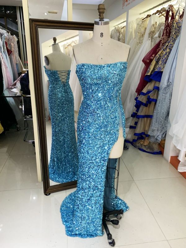 New sequin boning wholesale high slit long gowns evening dresses for prom night 2025
