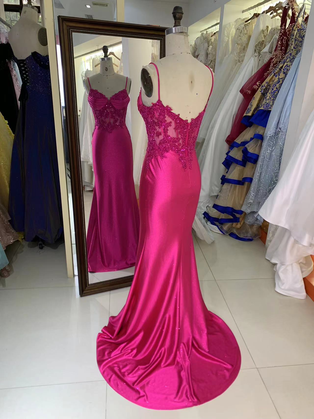 Wholesale embroidery corset Fuchsia sleeveless hand pleated satin mermaid prom evening dresses