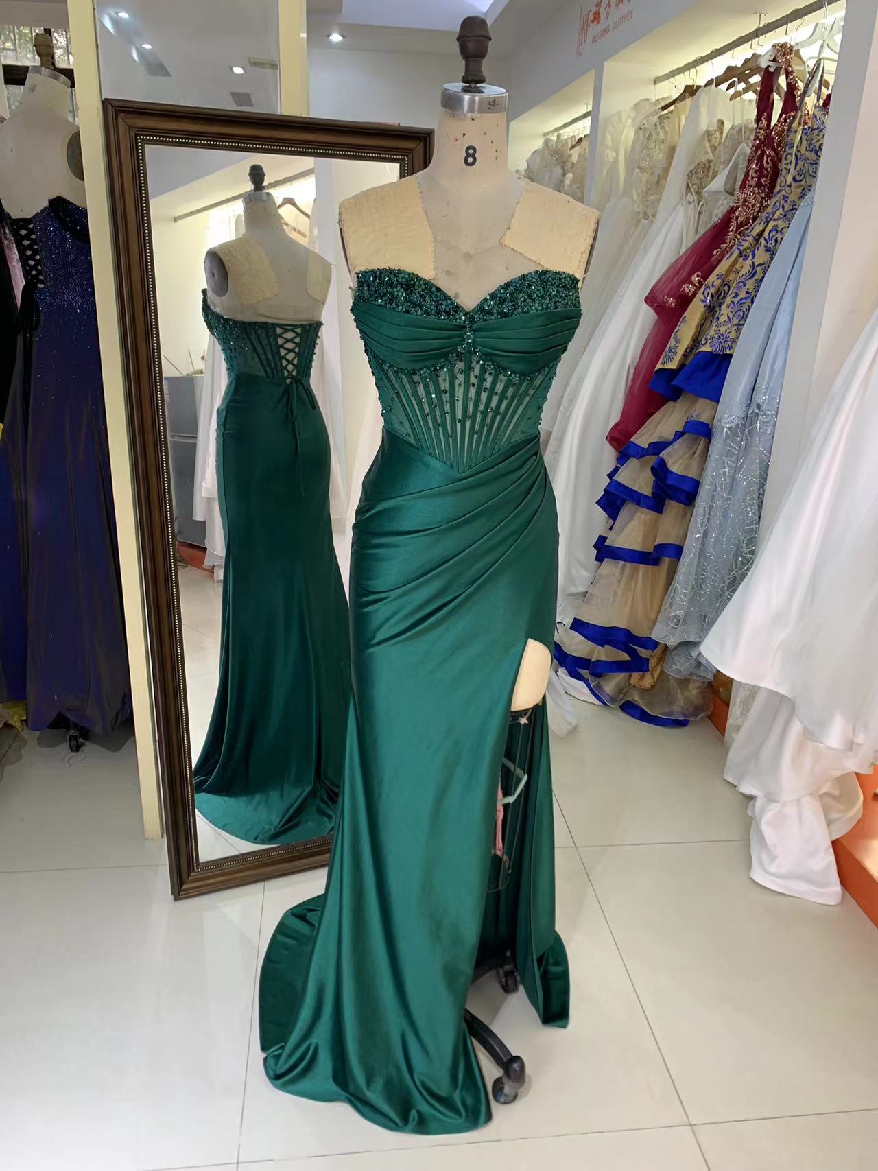 See through corset emerald green sleeveless beading hand pleated mermaid prom evening dresses with overskirt