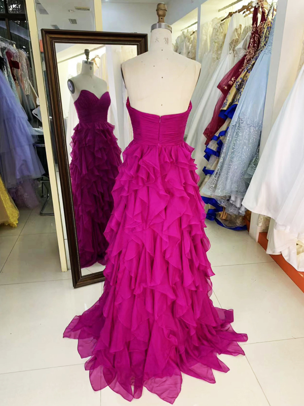 Wholesale fuchsia sleeveless sweetheart hand pleated tulle A line zipper up back ruffle prom evening dresses