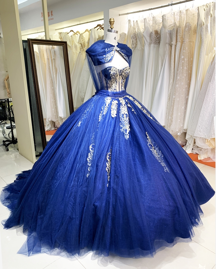 New dark blue quinceanera dresses gold embroidery elegant for woman