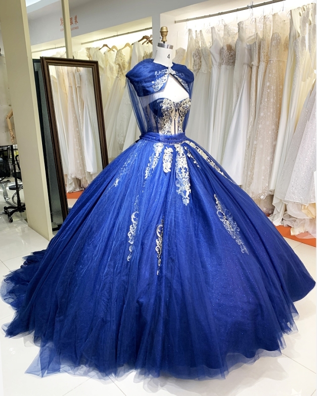 New dark blue quinceanera dresses gold embroidery elegant for woman