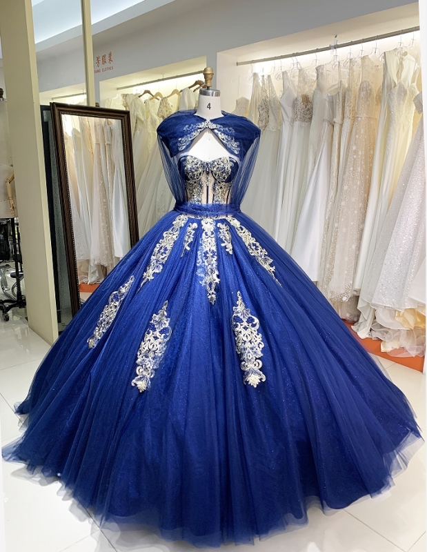 New dark blue quinceanera dresses gold embroidery elegant for woman