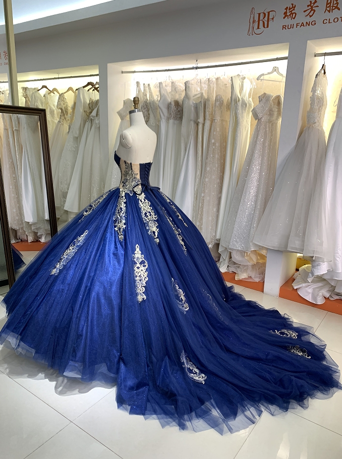 New dark blue quinceanera dresses gold embroidery elegant for woman