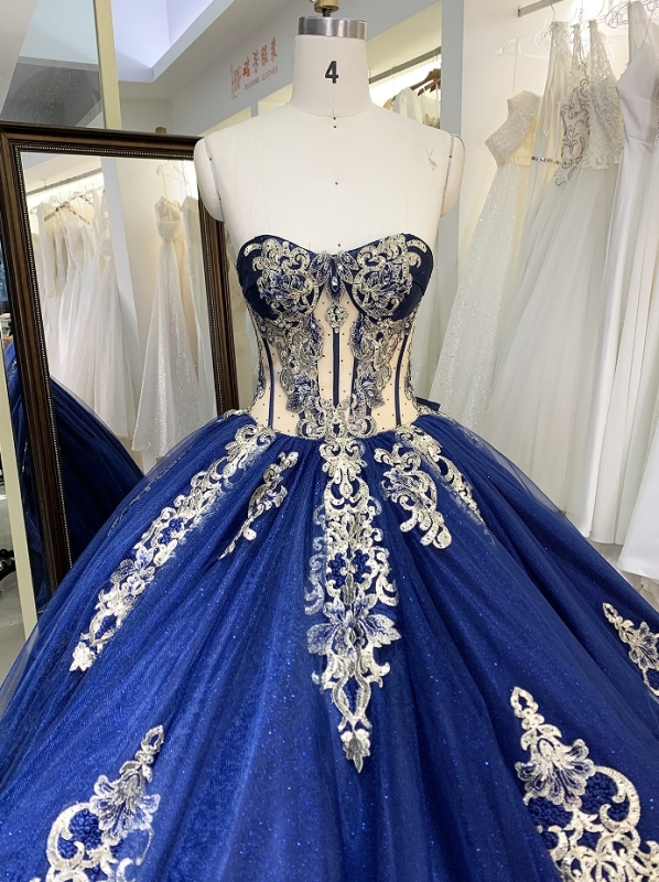 New dark blue quinceanera dresses gold embroidery elegant for woman