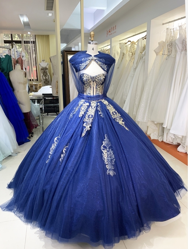 New dark blue quinceanera dresses gold embroidery elegant for woman