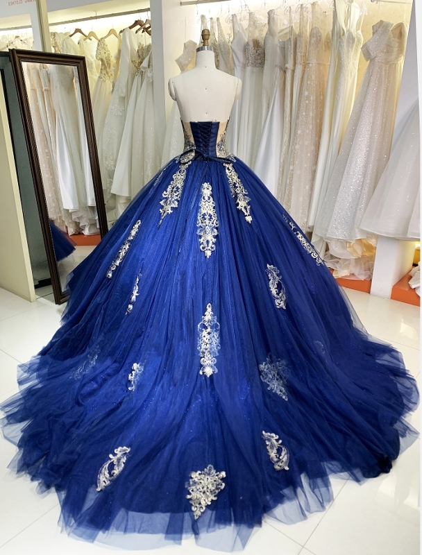 New dark blue quinceanera dresses gold embroidery elegant for woman